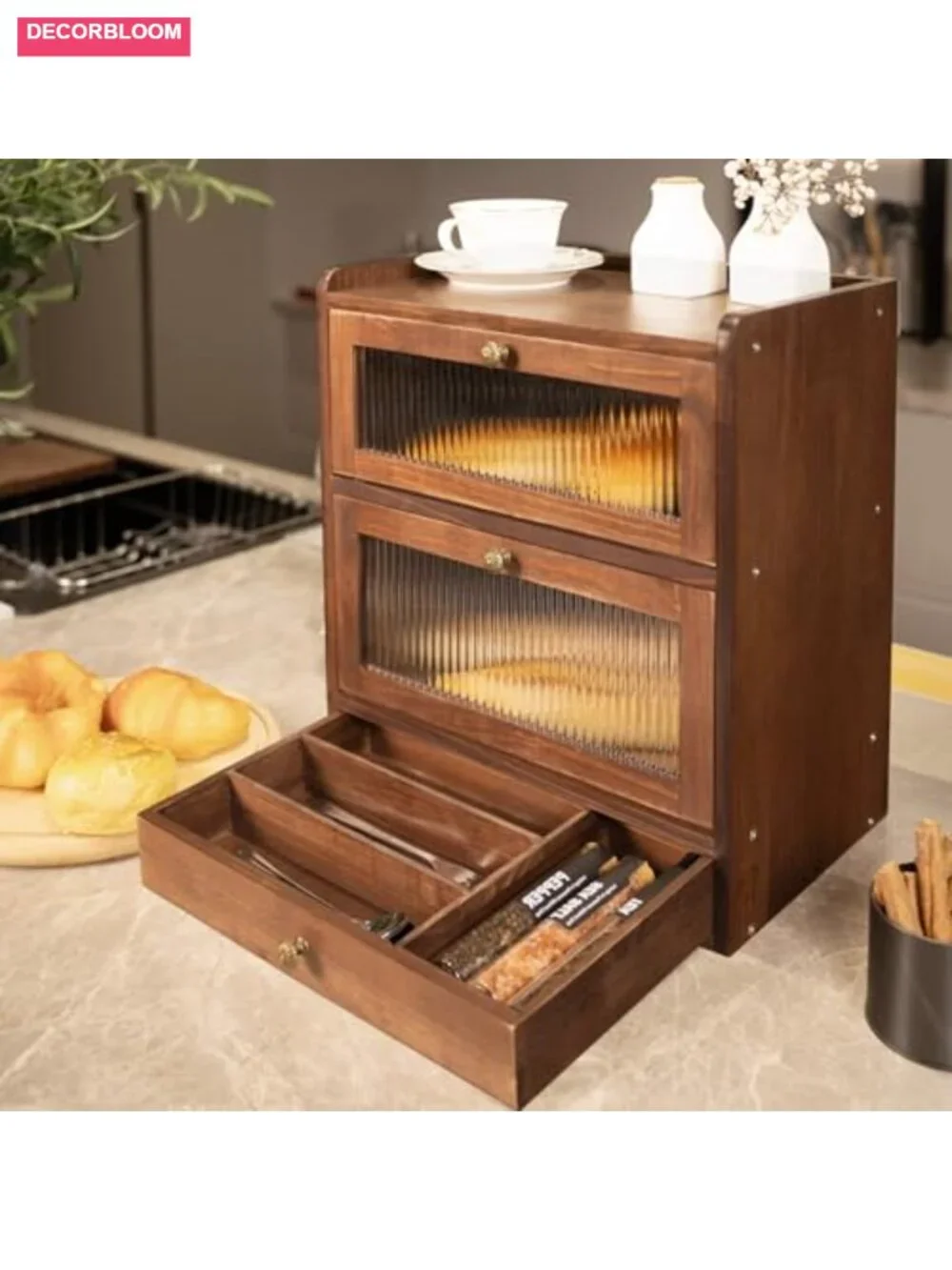Solid Pine Wood Bread Box with Cutlery Drawer, 2-Tier Large Capacity, Vintage